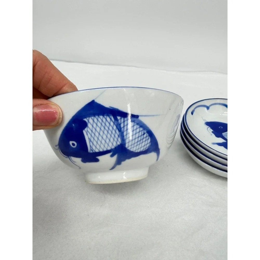 Chinese Koi Fish Carp Ceramic Rice Dipping Bowl SET of 5 Piece Asian Serverware